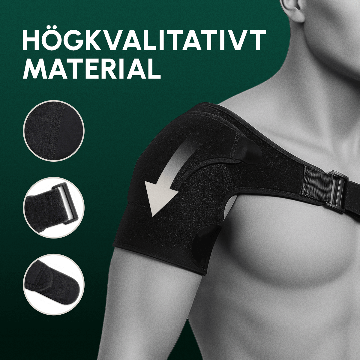 AxelKomforten shoulder wrap showing the neoprene material and strap details