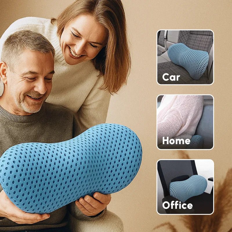 Person holding the Comfora cushion, with car, home and office use shown