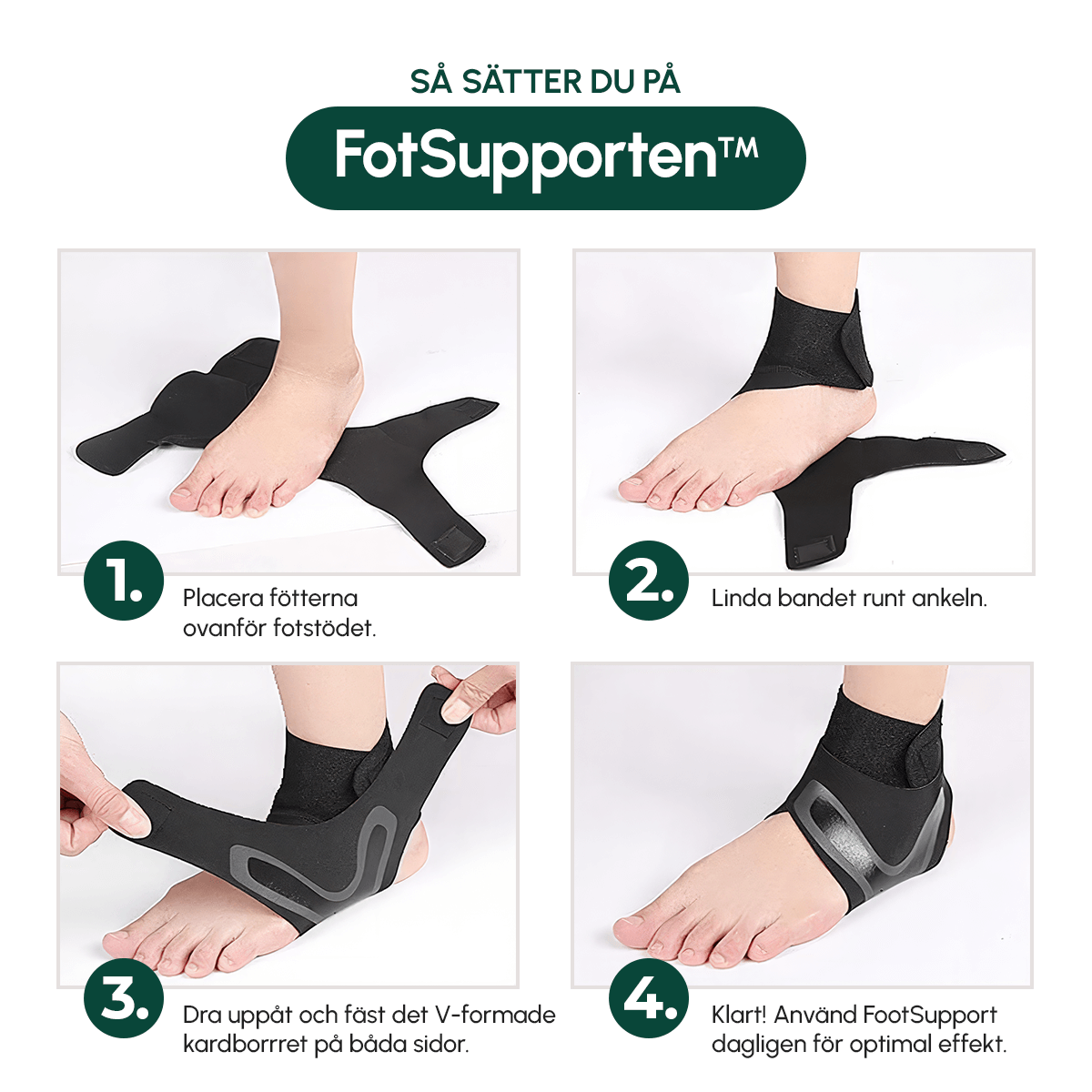 Four-step illustration of how to put on the StepEasy wrap