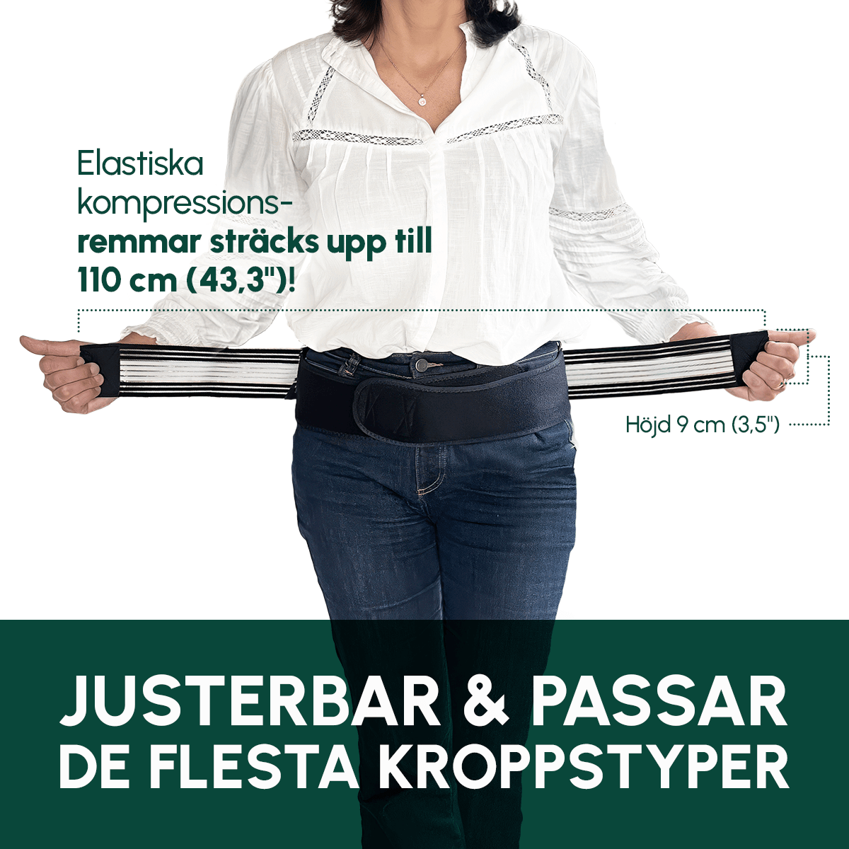 Woman wearing the NordicWrap belt over a shirt, straps stretched out to the sides