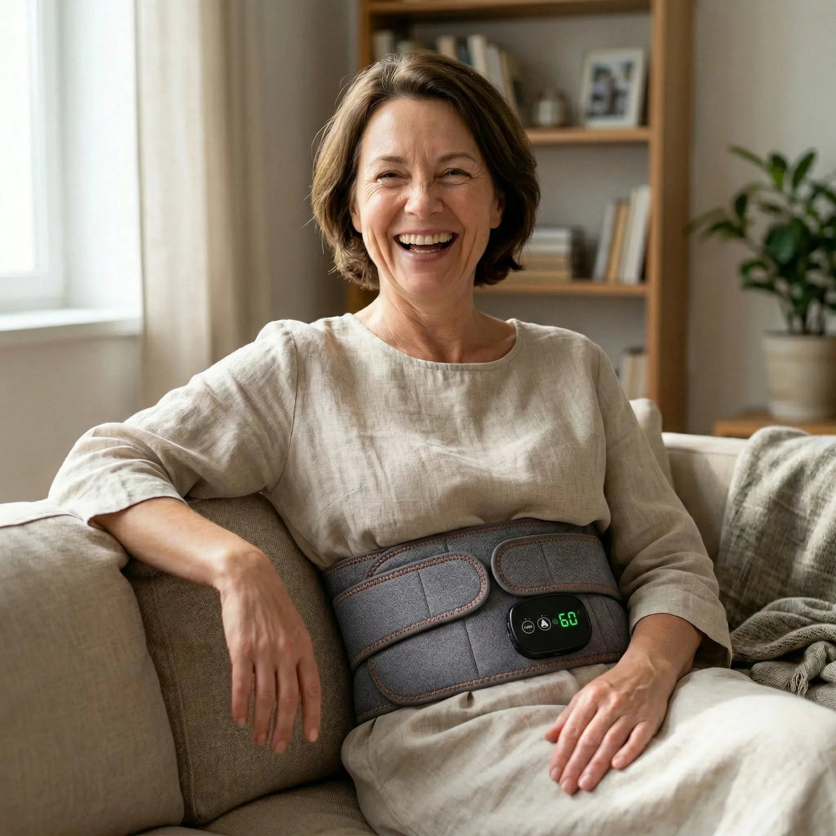 Woman wearing ComfortWrap while relaxing on a sofa